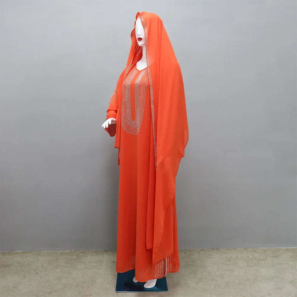 Saudi Arabic Party Dress for Women Abaya Muslim Diamond Hijab Dresses Set 2 Piece Vestidos Mujer Morocco Kaftan Abayas Robe