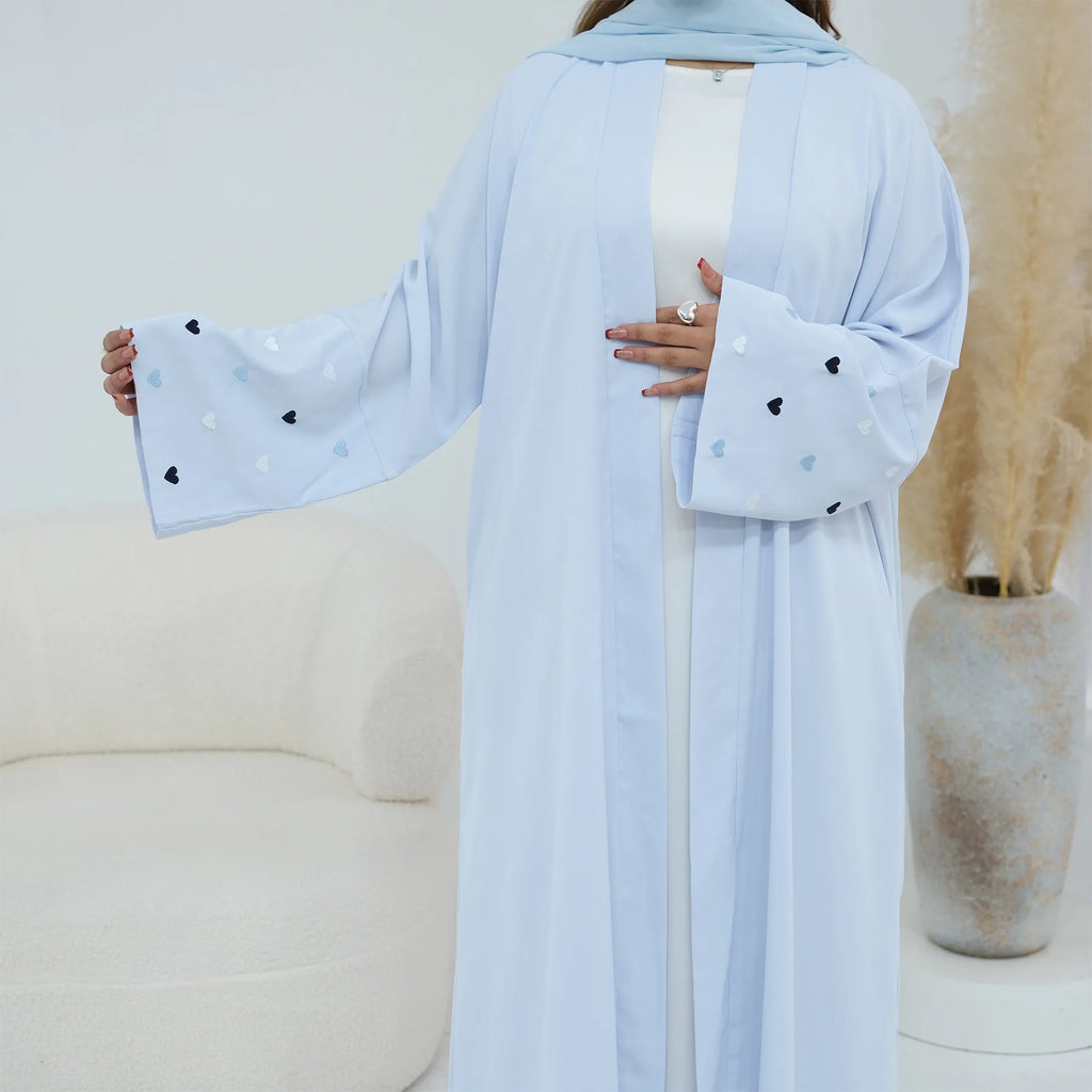 Eid Women Abaya Cardigan Love Heart Embroidery Open Dress Muslim Jalabiya Ramadan Party Caftan Arab Long Robe Morocco Kaftan