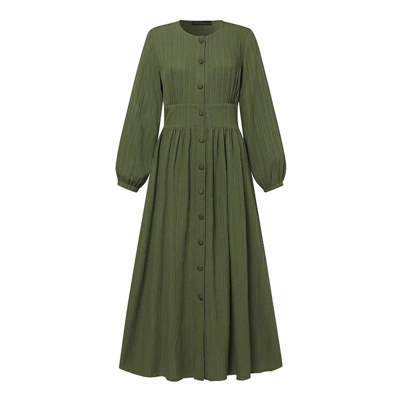 Muslim Abaya Dress Retro Long Sleeved Solid Color Long Dress Moderately Loose Long Dress for Daily Wear