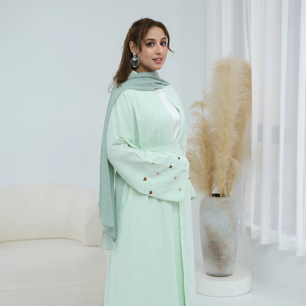 Eid Women Abaya Cardigan Love Heart Embroidery Open Dress Muslim Jalabiya Ramadan Party Caftan Arab Long Robe Morocco Kaftan