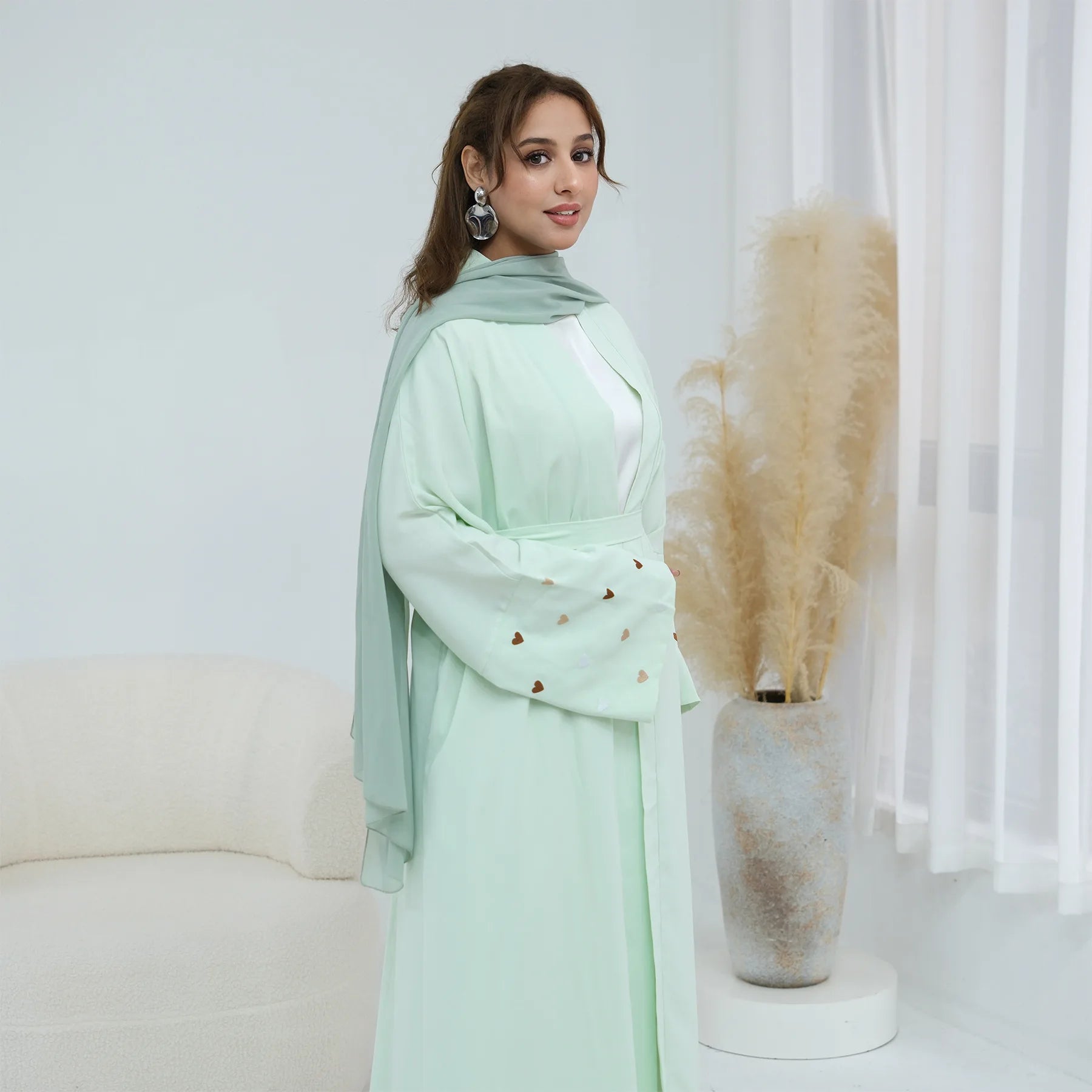 Eid Women Abaya Cardigan Love Heart Embroidery Open Dress Muslim Jalabiya Ramadan Party Caftan Arab Long Robe Morocco Kaftan