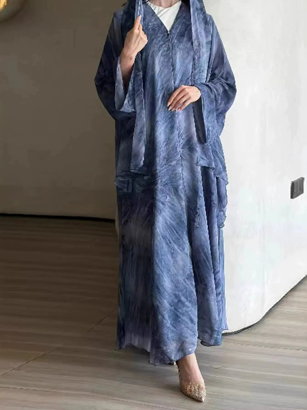 No headscarf; women's fashion Middle East Muslim tie-dye print spring and summer leisure long-sleeved coat robe elegant dress