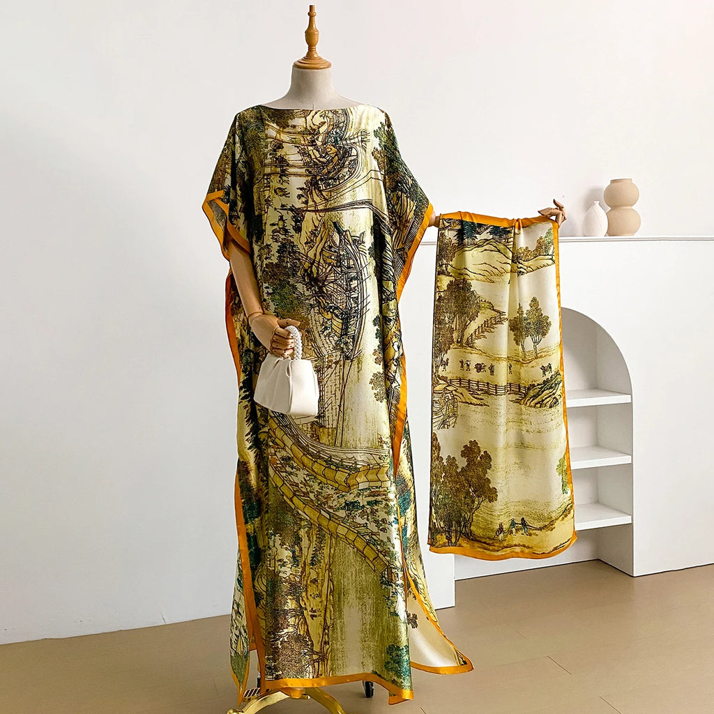 Fashion Dubai Abaya For Women Summer Short Sleeve Cotton Print Dress Loose Lady Maxi Islam African Dress With Big Scarf