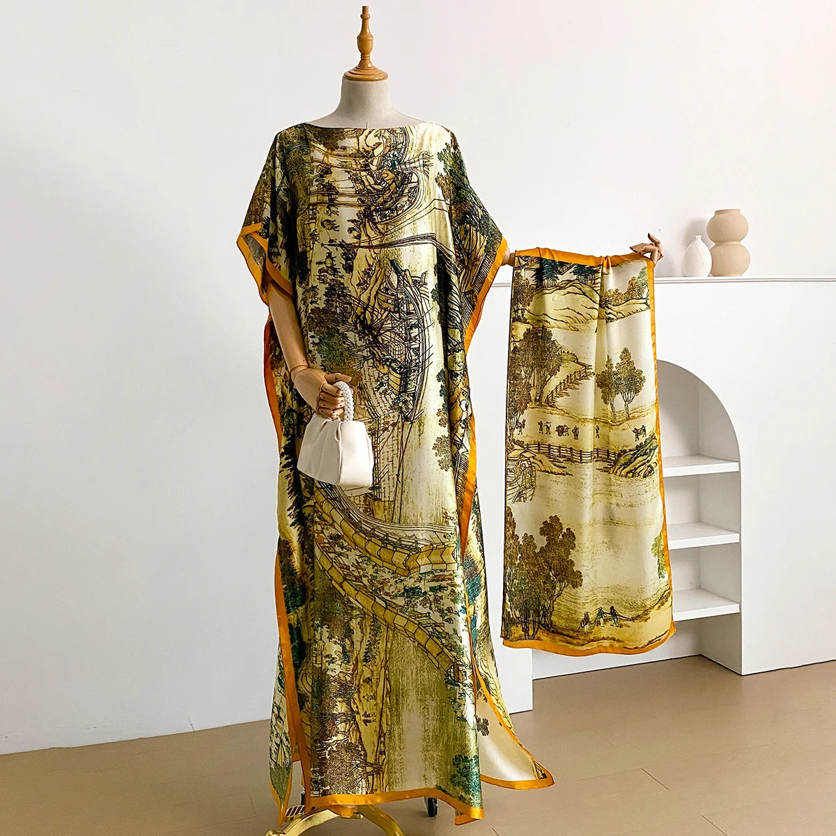 Fashion Dubai Abaya For Women Summer Short Sleeve Cotton Print Dress Loose Lady Maxi Islam African Dress With Big Scarf